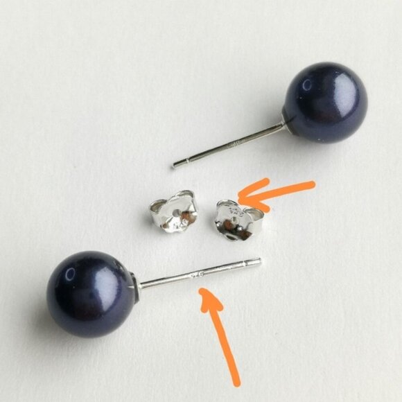 Nwt Navy Blue Shell Pearl ball stud earrings Sterling Silver 9mm - Picture 2 of 6